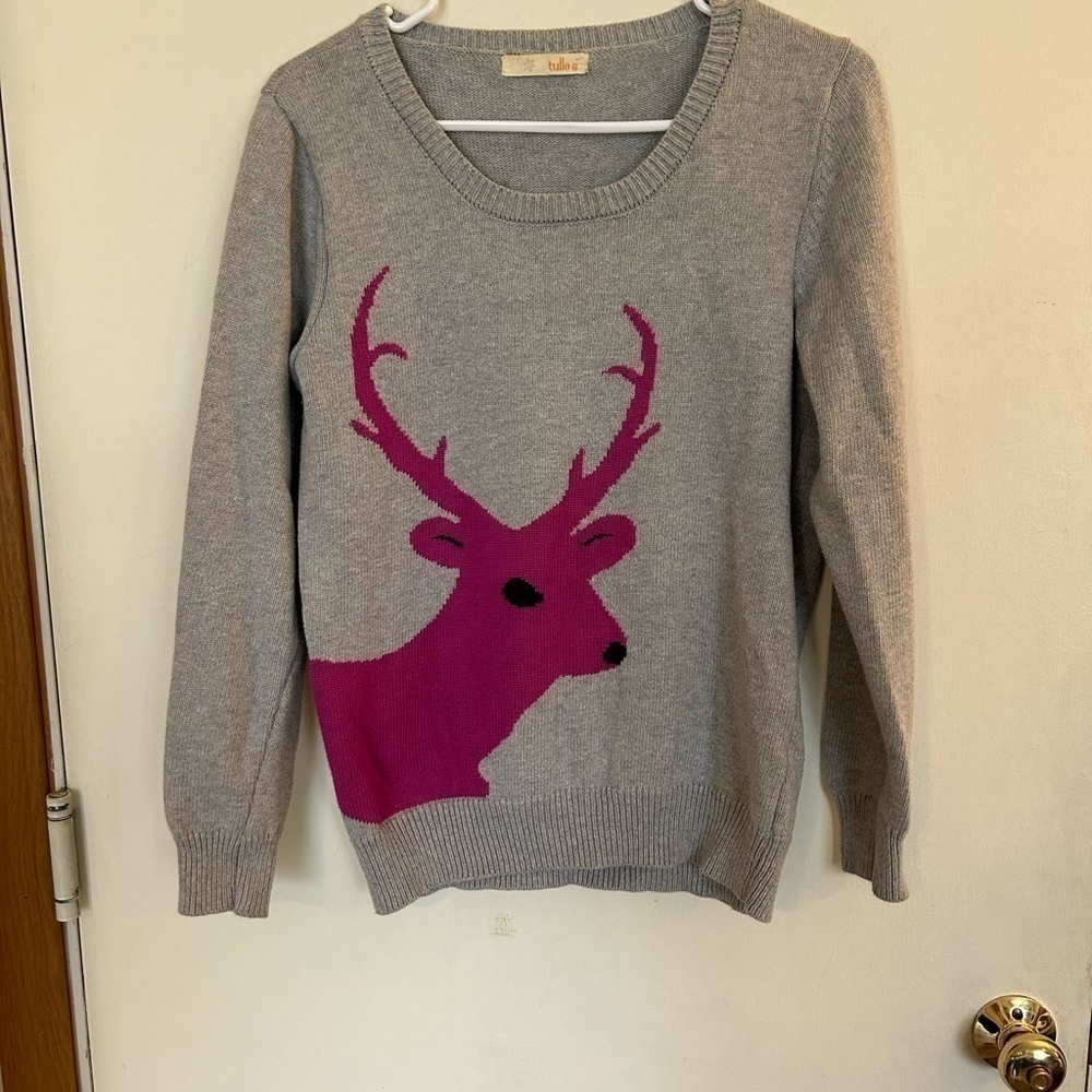 Tulle ladies medium knit sweater gray with pink deer